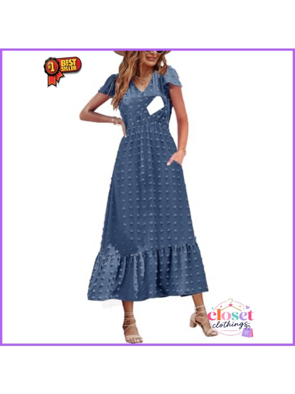 Nursing Maxi Dress Cap Sleeve V Neck Swiss Dot Maternity Breastfeeding Pockets